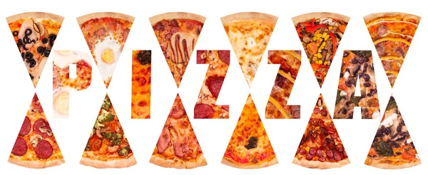 Set Different Tasty Pizza Slices White Background Slices Word Pizza — Stock Photo, Image