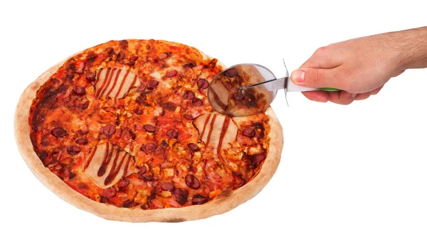 Chef Hand Cuts Delicious Bbq Pizza Ham Bbq Sauce Bacon — Stock Photo, Image