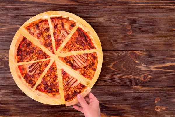 Male Taking Slice Tasty Bbq Pizza Ham Bbq Sauce Bacon — Stock Photo, Image