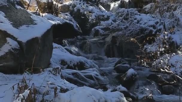 Winterlandschaft mit Gebirgsfluss-Wasserfall — Stockvideo