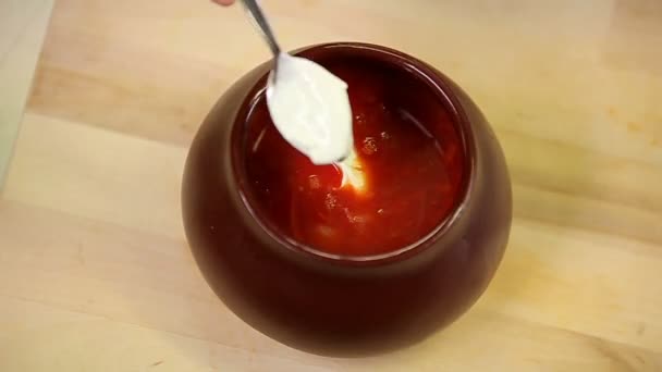 Borsch with sourcream — Stock Footage Borsch with sourcream Video Clip