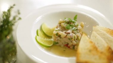 Limonlu balıklı tartar ve kızarmış ekmek. Dolly slide kameralı panorama.