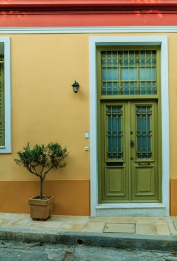 Dekorasyon zeytin ağacı ahşap yeşil ön kapıdan yakınındaki çiçek tencerede