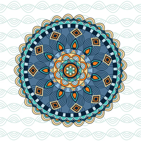 Ornamento redondo tribal sobre fondo de textura inconsútil tribal. Ilustración vectorial vintage. Elemento de mandala aislado, colección étnica, stil azteca, arte tribal, diseño tribal — Vector de stock