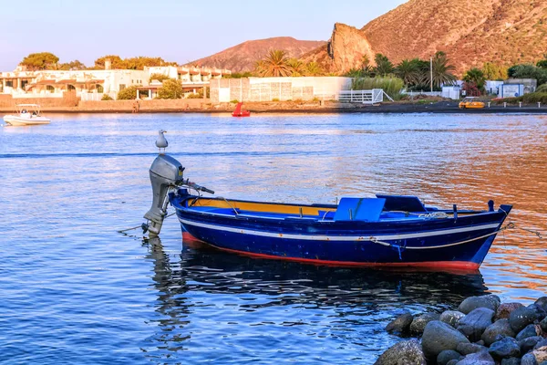 ストロンボリ島、エオリア諸島、イタリアに近い固定カラフルな小さな青い漁船の船外モーターの上に座ってシーガル — ストック写真