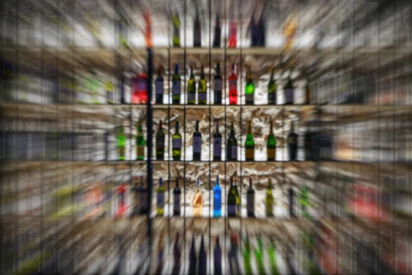 Wazig Planken Met Kleurrijke Flessen Van Alcoholische Dranken Alcoholisme Concept — Stockfoto