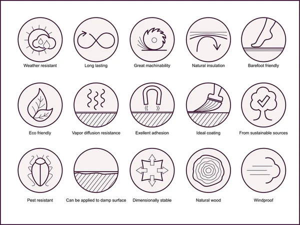 Propiedades de madera iconos. Vector de tu conjunto de iconos de línea. Círculos . — Archivo Imágenes Vectoriales