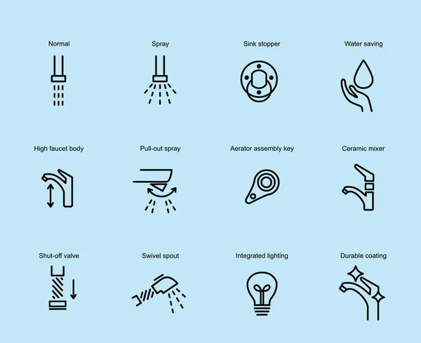Plumbing, sewerage, pipe, faucet thin line vector icons set — Stock Vector
