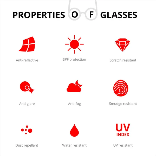 Διάνυσμα Φροντιδας, γυαλιά καταλύματα, infographics Οφθαλμολογίας. Εικονίδια οπτομετρίας. Γυαλιά ηλίου, γυαλιά οδήγησης — Διανυσματικό Αρχείο