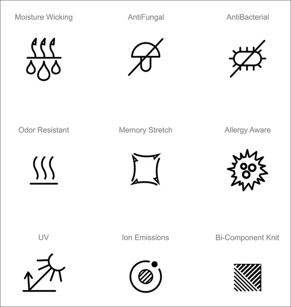 Odzież technologii tkanin i właściwości wektorowe zestaw ikon. Wilgoć Wicking, Antygrzybicze, Antybakteryjne, Emisje jonów, Alergia Aware, Rozciągliwość pamięci, Odporny na zapach, UV — Wektor stockowy
