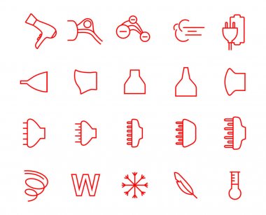 Hair dryer properties icons. Thine line icon set clipart