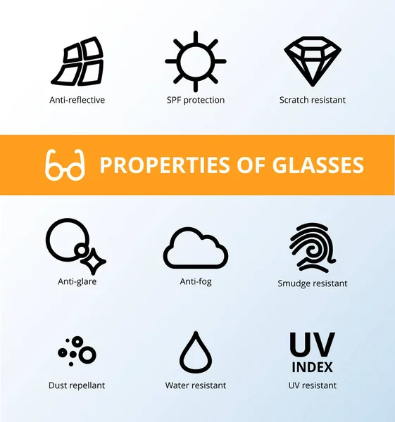 Vektor-Augenpflege, Brilleneigenschaften, Ophthalmologie-Infografiken. Optometrie-Symbole. Sonnenbrille, Fahrerbrille — Stockvektor