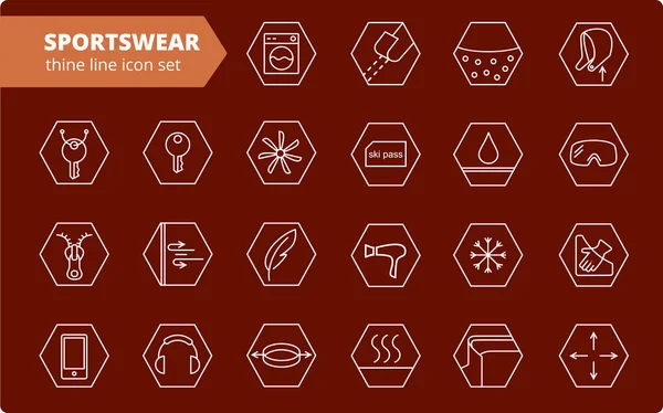 Fabric and clothes feature line icons. Linear wear labels. Elements - waterproof, uv protection, breathable fiber and more. Textile industry pictograms for garments. Ski garments, sportswear — Stock Vector