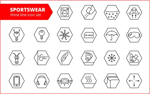 Tecido e roupas apresentam ícones de linha. Etiquetas de desgaste linear. Elementos - à prova d 'água, proteção UV, fibra respirável e muito mais. Pictogramas da indústria têxtil para vestuário. Vestuário de esqui, vestuário desportivo —  Vetores de Stock