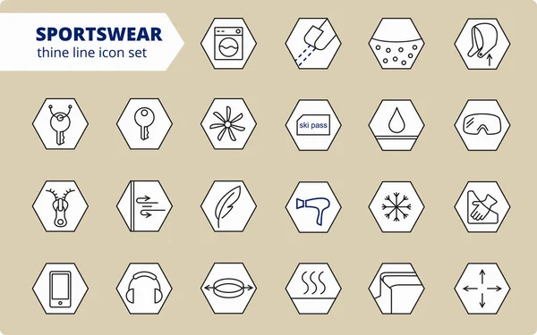 Tkaniny i ubrania posiadają ikony linii. Liniowe etykiety na zużycie. Elementy - wodoodporne, ochrona uv, oddychające włókno i więcej. Piktogramy przemysłu tekstylnego dla odzieży. Odzież narciarska, sportowa — Wektor stockowy