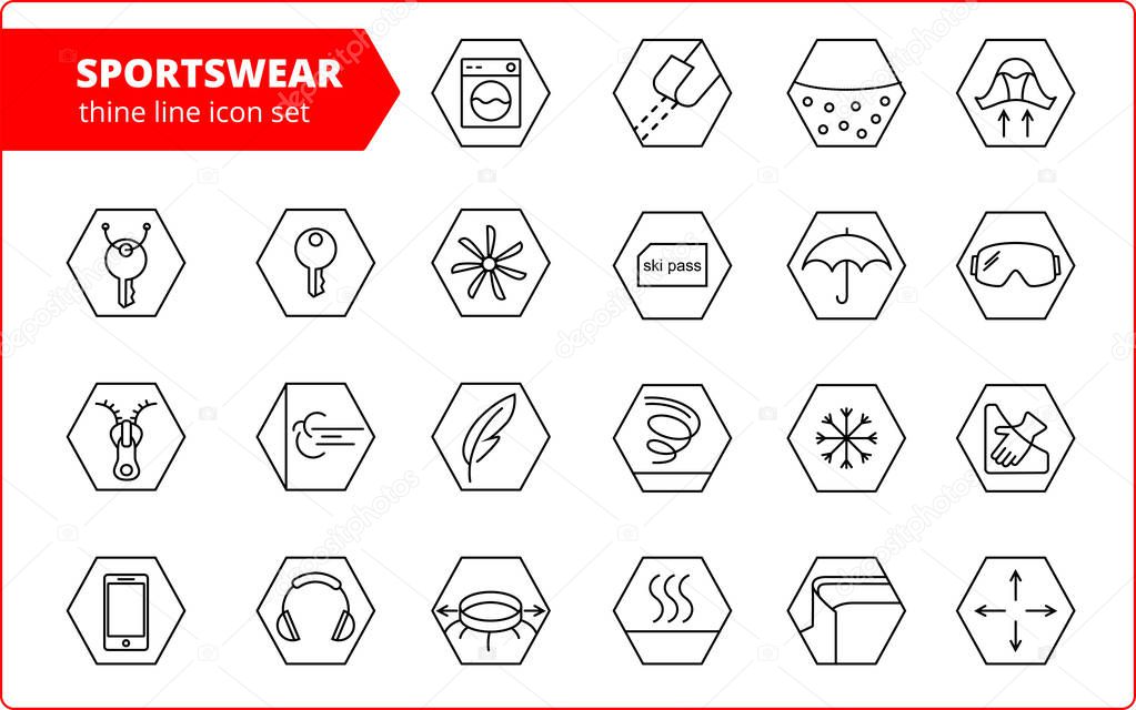 Fabric and clothes feature line icons. Linear wear labels. Elements - waterproof, uv protection, breathable fiber and more. Textile industry pictograms for garments. Ski garments, sportswear