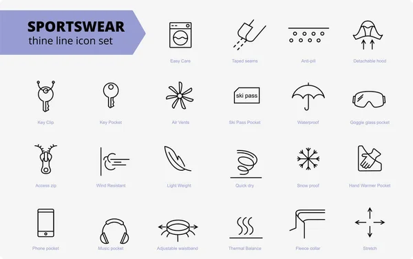 Kumaş ve kıyafet çizgisi simgeleri. Doğrusal giyim etiketleri. Elementler - su geçirmez, UV koruması, solunabilir lif ve daha fazlası. Kumaşlar için tekstil endüstrisi piktogramları. Kayak giysileri, spor kıyafetleri.