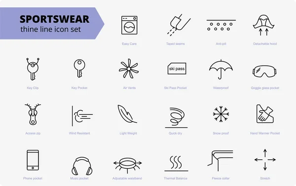 Tyg och kläder har linje ikoner. Linjära slitageetiketter. Element - vattentät, uv skydd, ventilerande fiber och mer. Textilindustrins piktogram för plagg. Skidkläder, sportkläder — Stock vektor