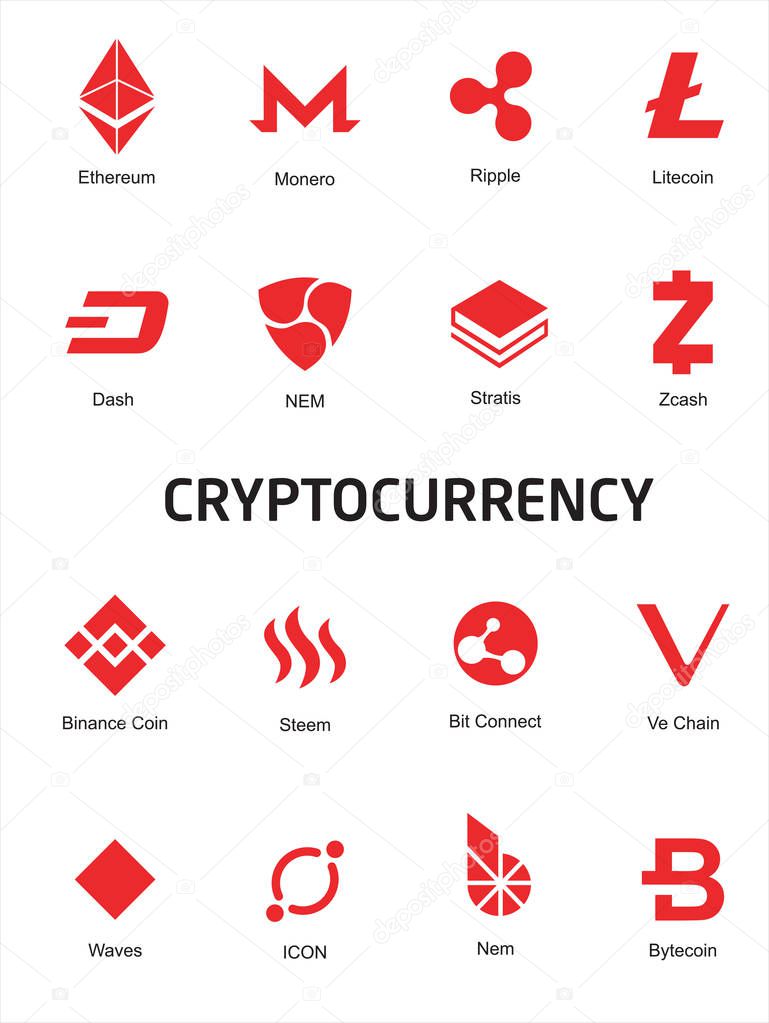 Crypto currency Bitcoin flat vector logo, icon for web, sticker for print. blockchain cryptocurrency. Cryptocurrency icon set. Flat icons