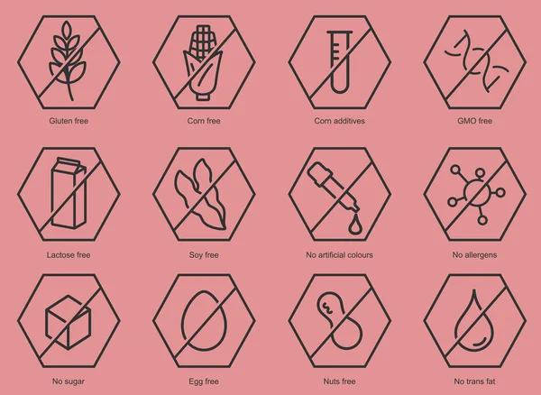 Madde uyarı etiketi simgeleri ayarlayın. Ortak alerjenler gluten, laktoz, soya, Mısır ve daha fazla, şeker ve trans yağ, vejetaryen ve organik sembolleri.