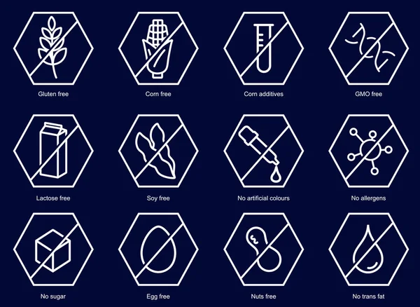 Madde uyarı etiketi simgeleri ayarlayın. Ortak alerjenler gluten, laktoz, soya, Mısır ve daha fazla, şeker ve trans yağ, vejetaryen ve organik sembolleri.