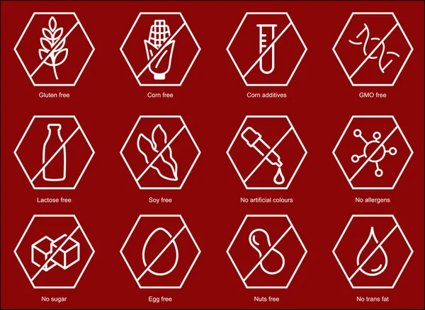 Ingrediënt waarschuwing etiket pictogrammen instellen Gemeenschappelijke allergenen, gluten, lactose, soja, maïs en meer, suiker en transvet, vegetarische en organische symbolen. — Stockvector