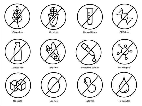Madde uyarı etiketi simgeleri ayarlayın. Ortak alerjenler gluten, laktoz, soya, Mısır ve daha fazla, şeker ve trans yağ, vejetaryen ve organik sembolleri.