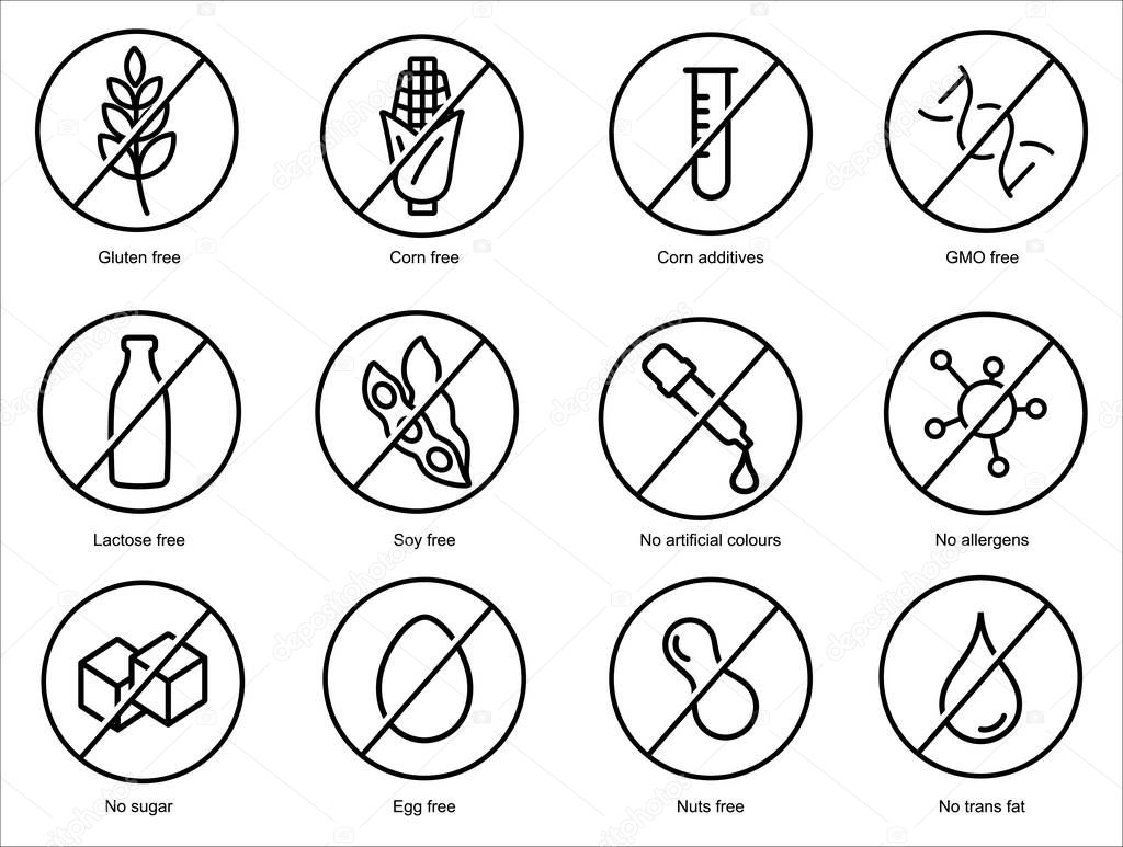 Set ingredient warning label icons. Common allergens gluten, lactose, soy, corn and more , sugar and trans fat, vegetarian and organic symbols.