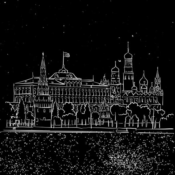 莫斯科的夜克里姆林宫和星星草绘 — 图库矢量图片