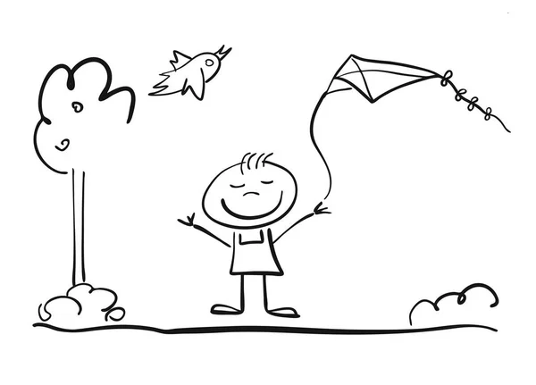 Happy Doodle Child играет с Кайтом — стоковый вектор