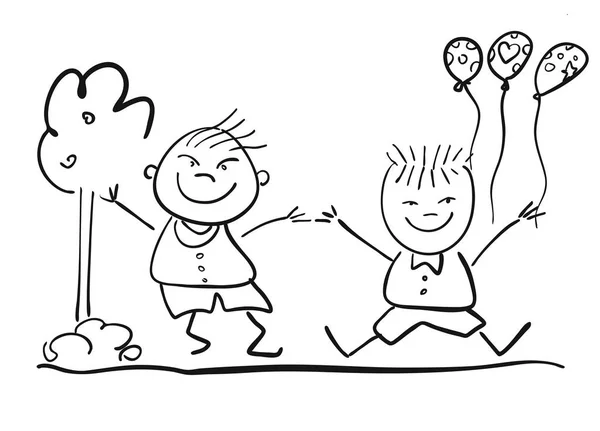 Twee gelukkige jonge geitjes met Ballon, vriendschap symbool schets — Stockvector
