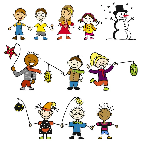 Doodle Kindergarten Kids with Latern, Mother and Snowman — Stock Vector