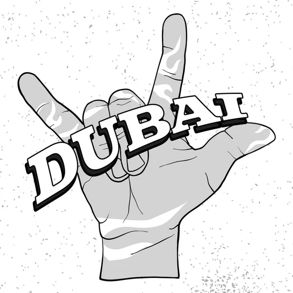 Letras de Dubai na rocha mão diabo chifre — Vetor de Stock