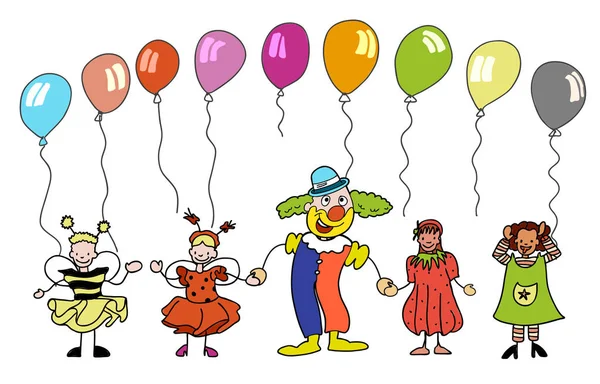 Palhaço e esboçado Crianças com balões coloridos — Vetor de Stock