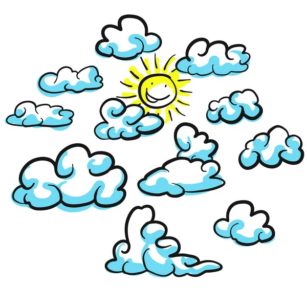 Various cloud shapes vector sketches with sun