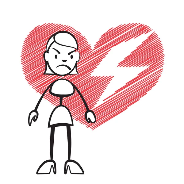 Stick figure femme au cœur brisé — Image vectorielle
