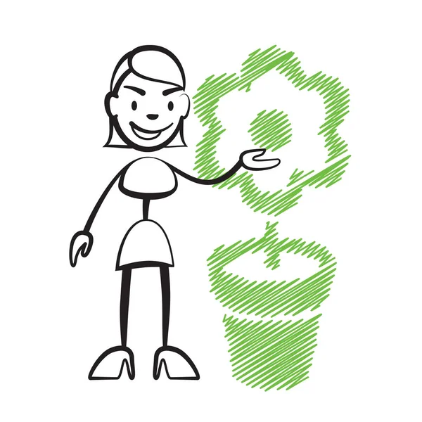 Figura de palo mujer con flor — Vector de stock