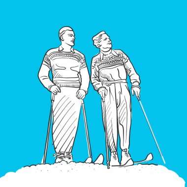 İki erkekle birlikte kayaklar, vintage, Blue Serisi