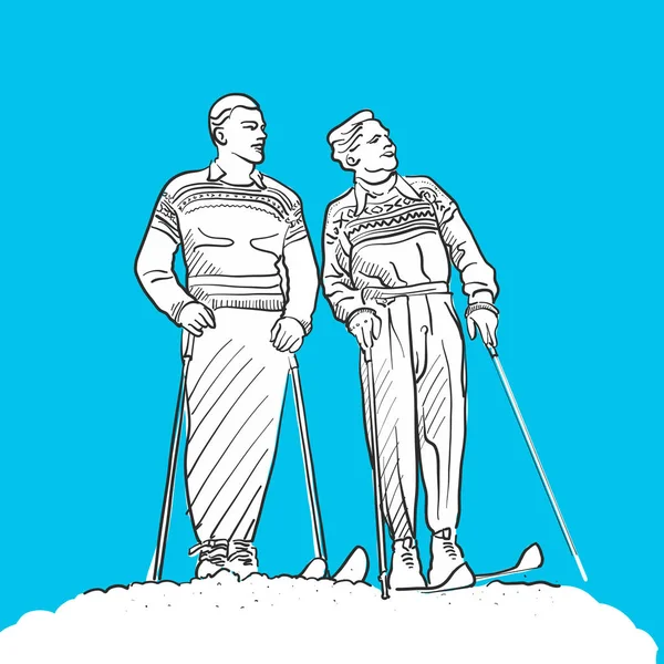 Δύο άνδρες με χιονοπέδιλα, vintage, μπλε σειρά — Διανυσματικό Αρχείο