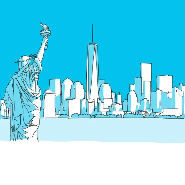 New York City en Lady Liberty, blauwe reeks — Stockvector