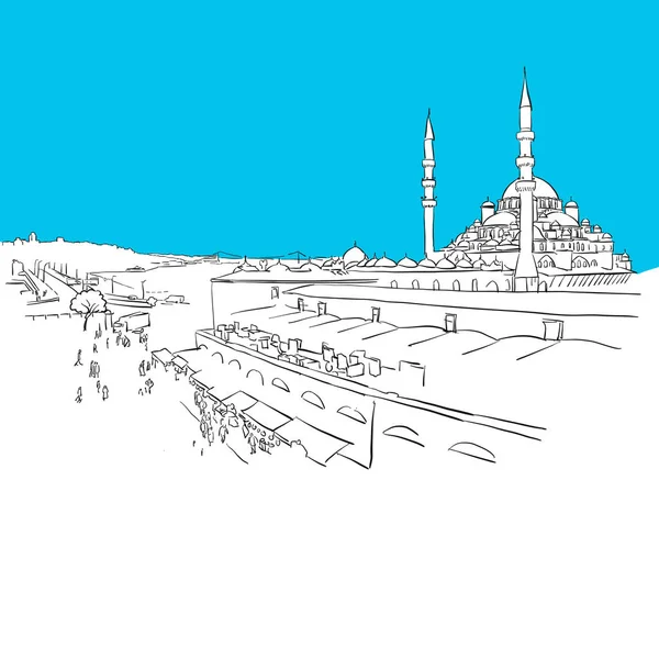 Istanbul Panorama drawing, Blue Series — Stock Vector