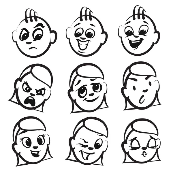 Strichmännchen-Serie Emotionen - neun Gesichter — Stockvektor