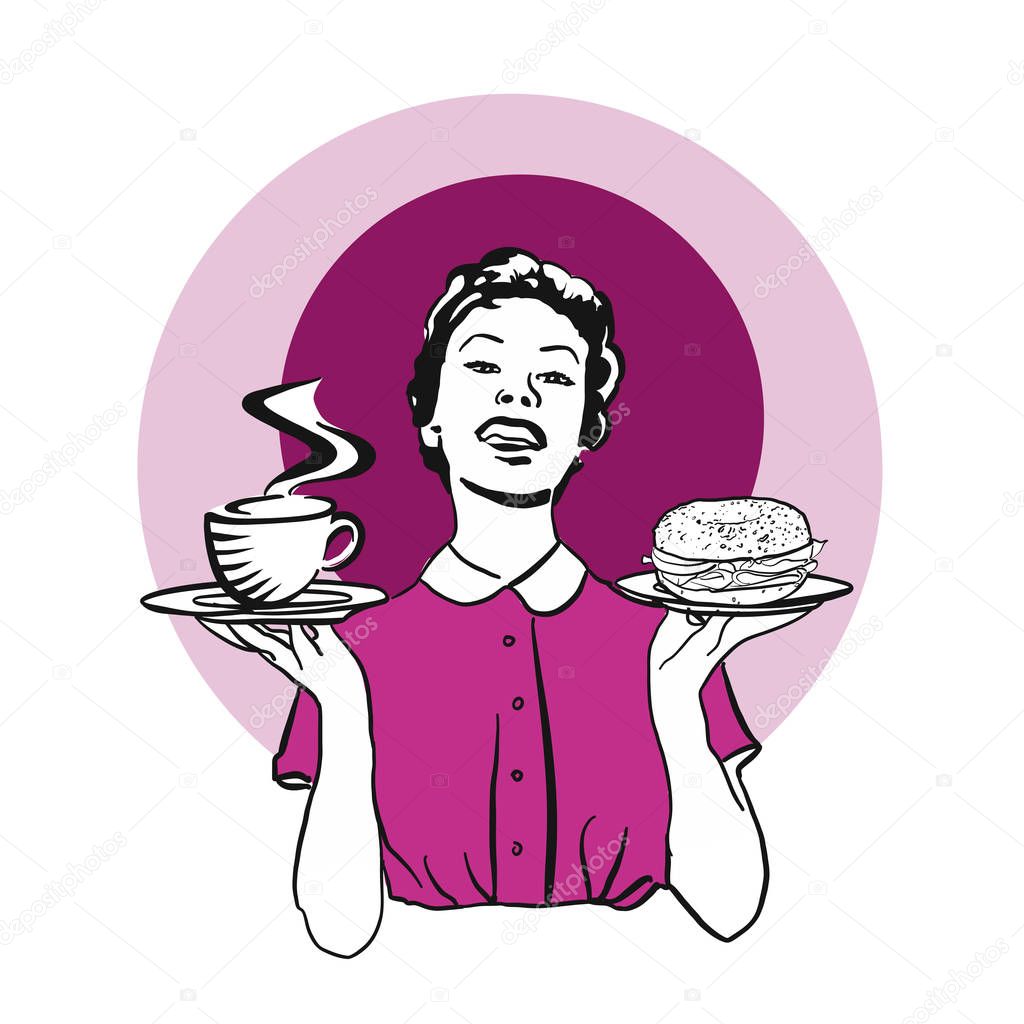 Waitress with two plates, coffee and bagel