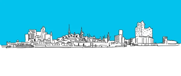 汉堡全景矢量素描，蓝色天空 — 图库矢量图片