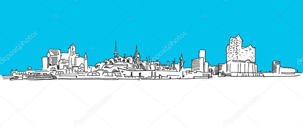 Hamburg Panorama Vector sketch, blue sky