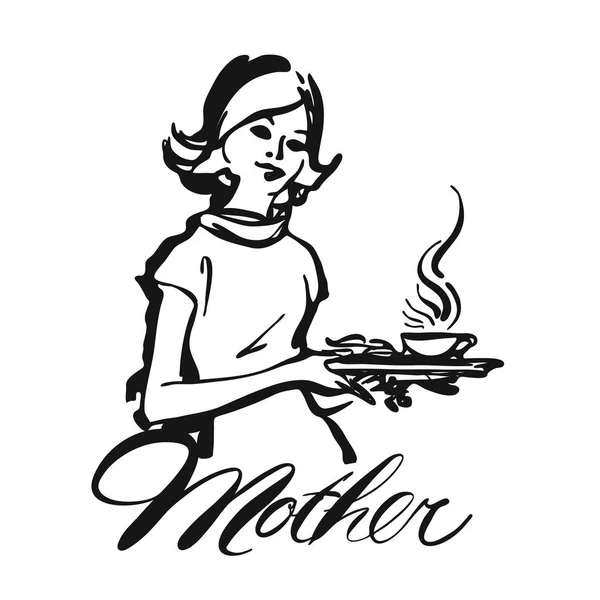 母亲女服务员服务咖啡 — 图库矢量图片