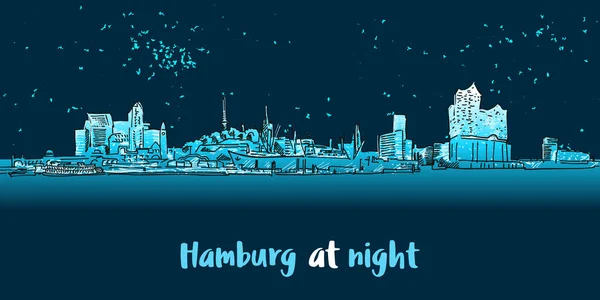 Skylinie Hamburg Port Panorama's nachts — Stockvector