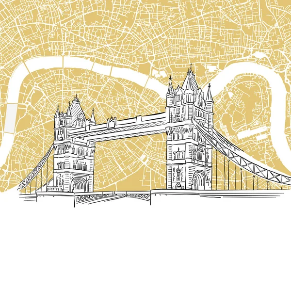 London Tower Bridge met gekleurde kaart — Stockvector