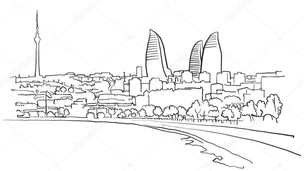 Baku Azerbaijan Panorama Sketch