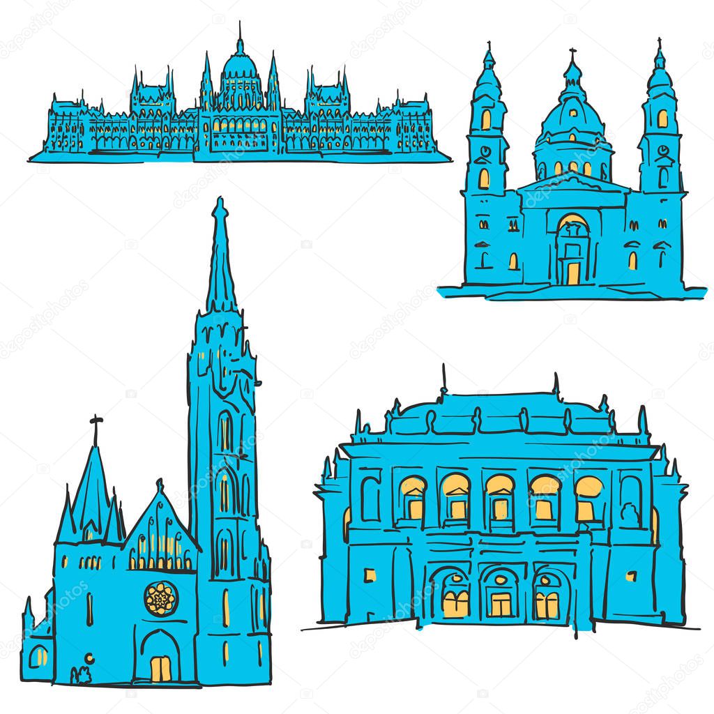 Budapest Hungary Colored Landmarks